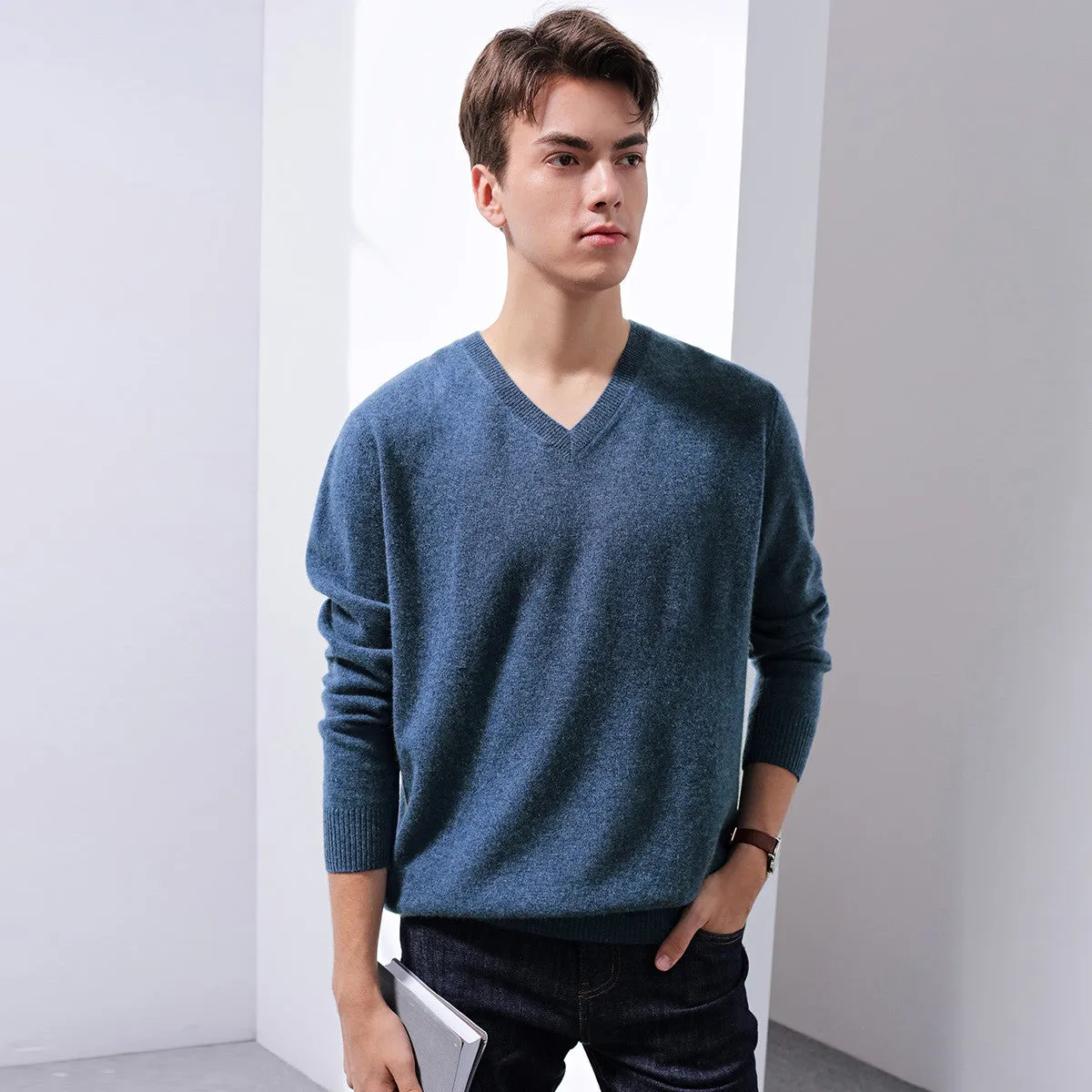 100% Cashmere Mens V Neck Sweater