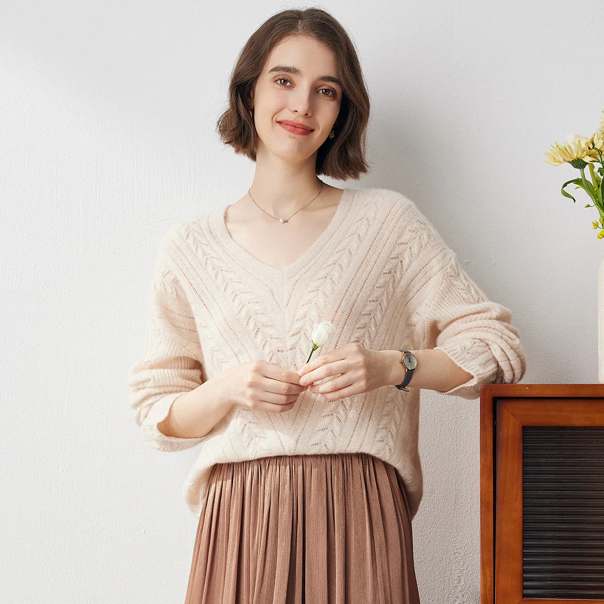 100% Cashmere V Neck Drop Shoulder Sweater