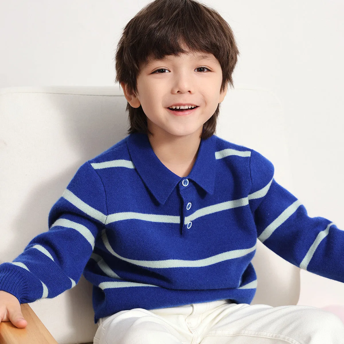 100% Wool Kids Polo Collar Striped Sweater