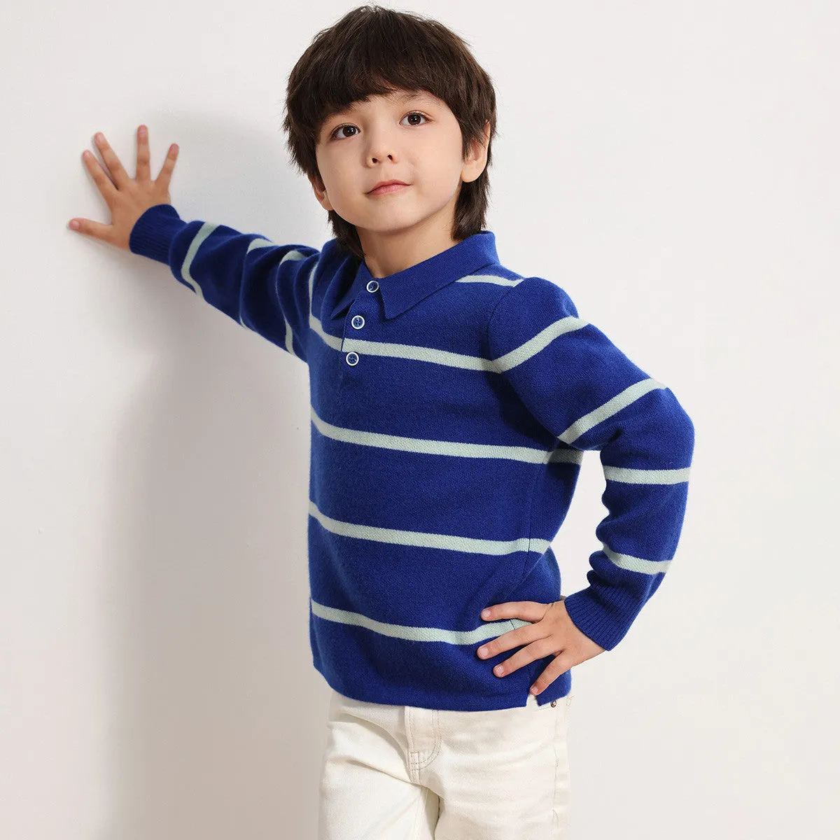 100% Wool Kids Polo Collar Striped Sweater