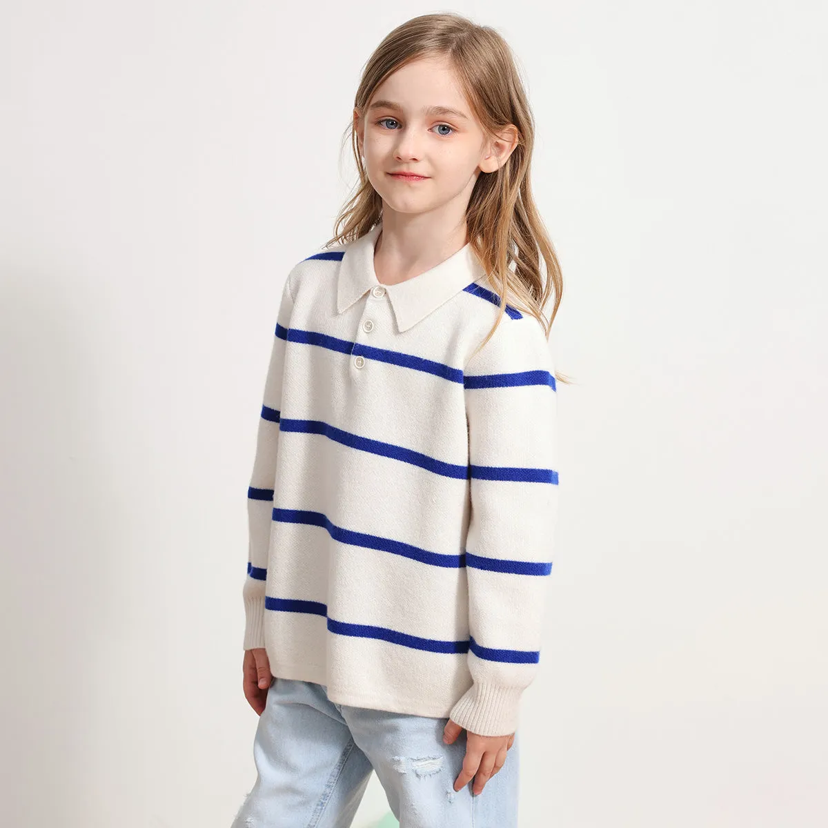 100% Wool Kids Polo Collar Striped Sweater