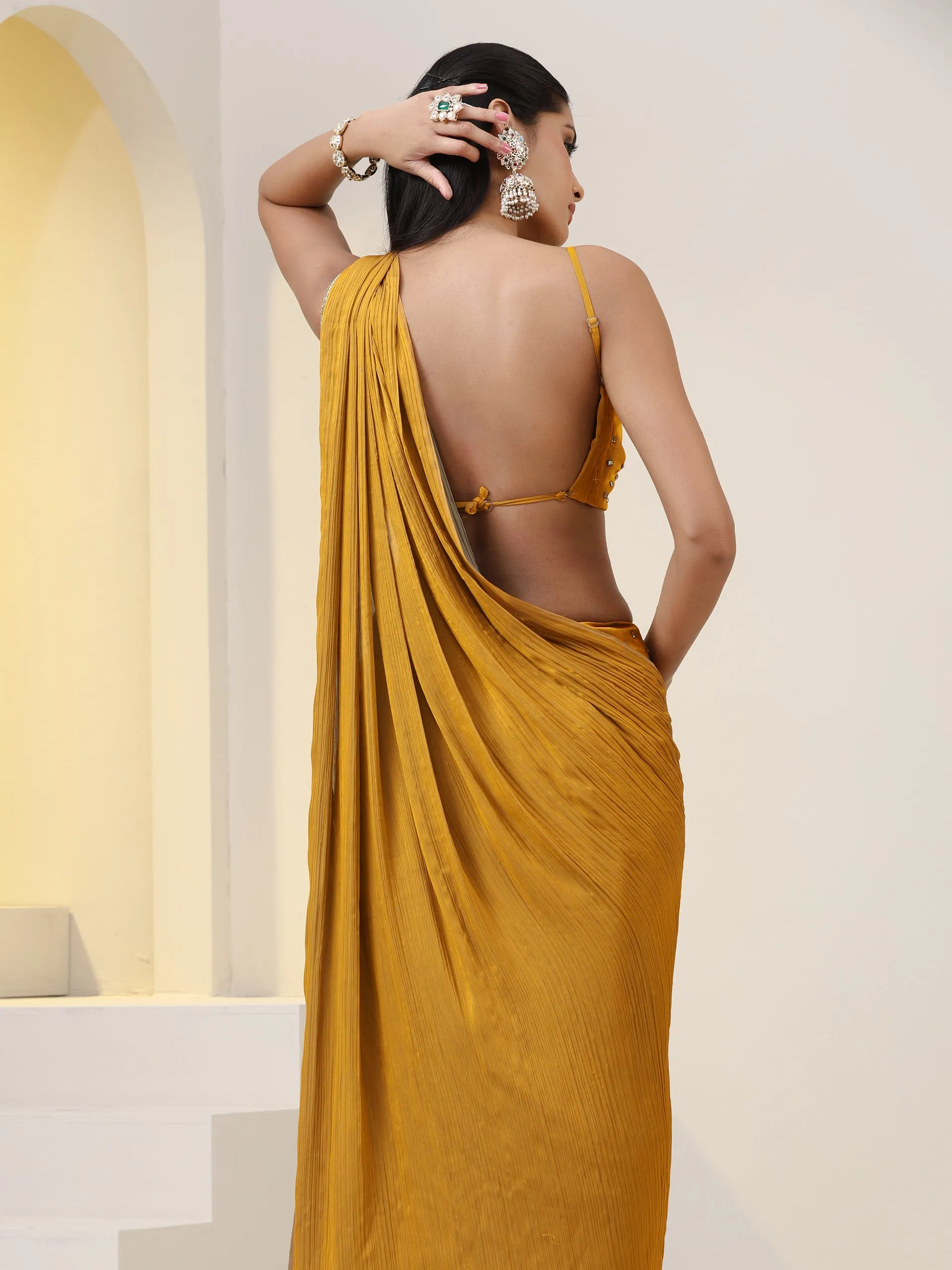 2 pc SET - Mustard and Blue Phoenix Chiffon Sharara Saree with Top and Gold Sequins Pallu