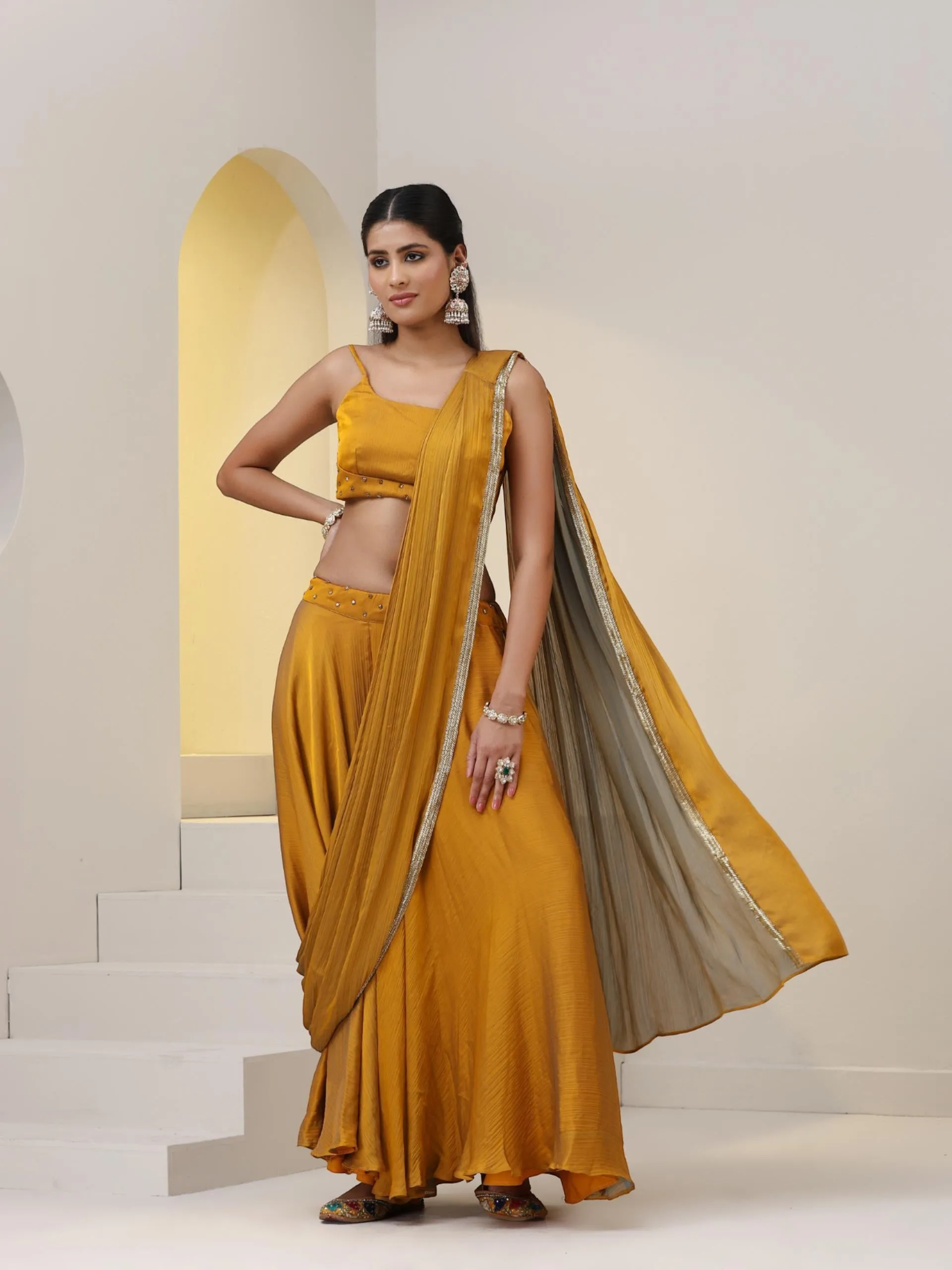 2 pc SET - Mustard and Blue Phoenix Chiffon Sharara Saree with Top and Gold Sequins Pallu