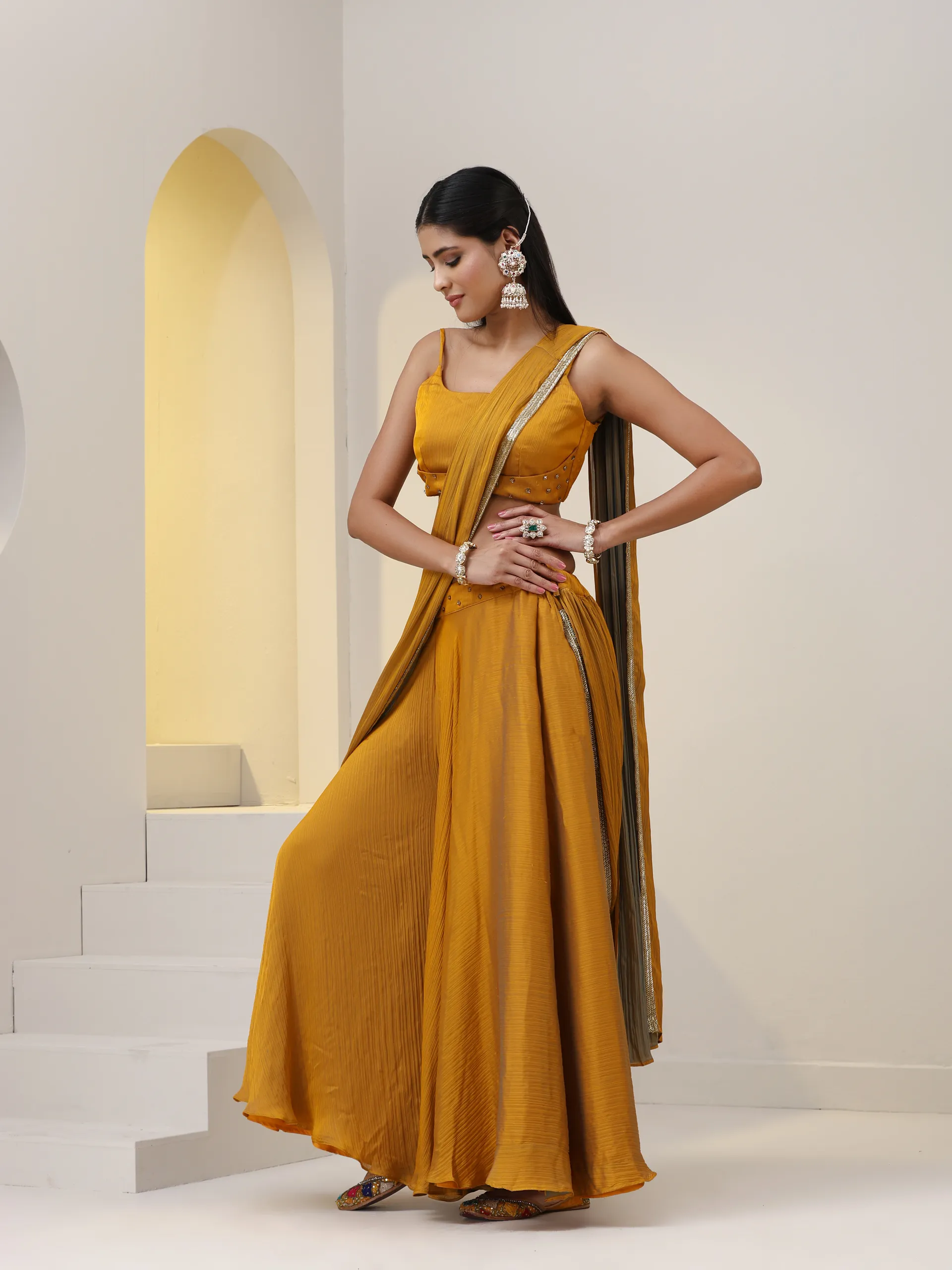 2 pc SET - Mustard and Blue Phoenix Chiffon Sharara Saree with Top and Gold Sequins Pallu