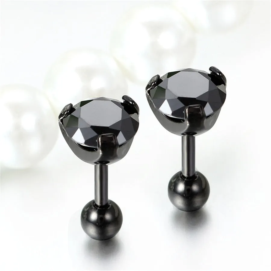 3 Pairs 7mm Round Black Cubic Zirconia Stainless Steel Vintage Stud Earrings