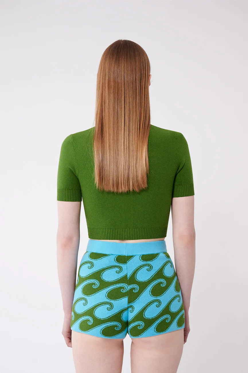 Aqua Blue/Palm Green Waves Peachskin Booty Shorts