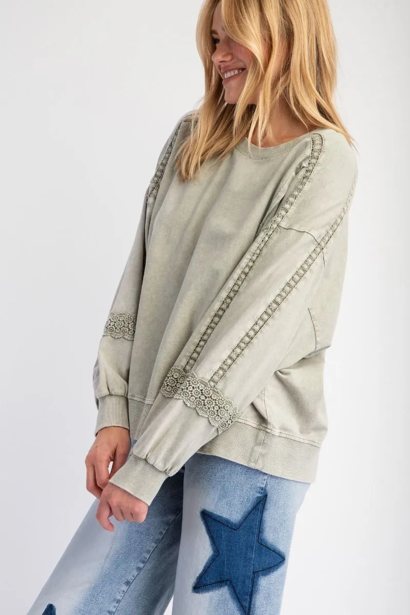 Ava Lace Trim Pullover - Dusty Sage