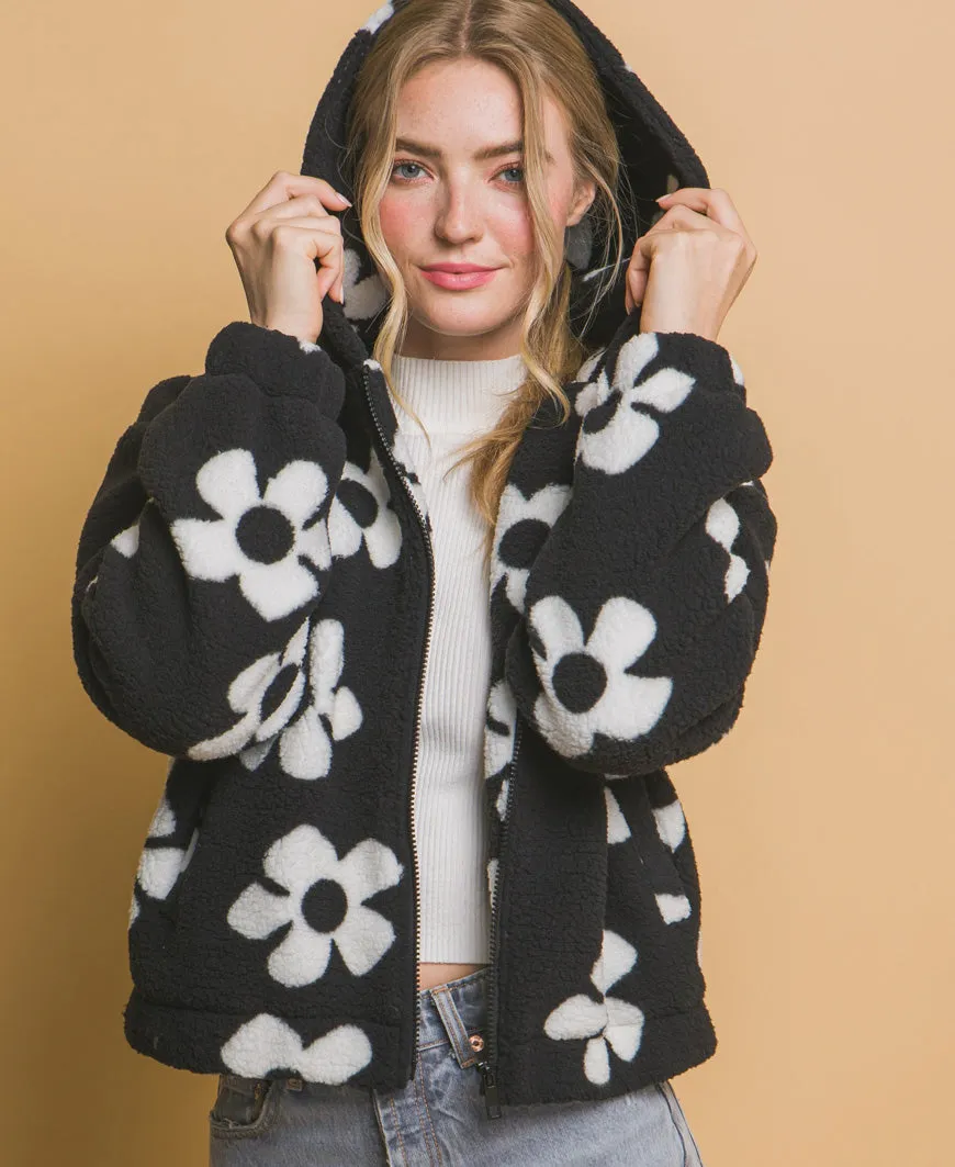 Black Sherpa Fleece Floral Jacket