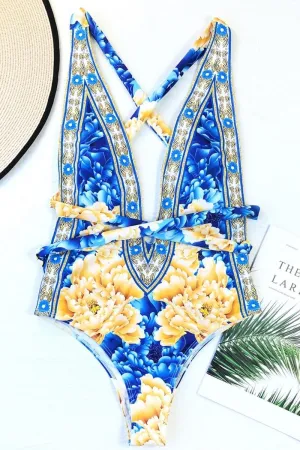 Blue Floral Print One Piece Swimsuit