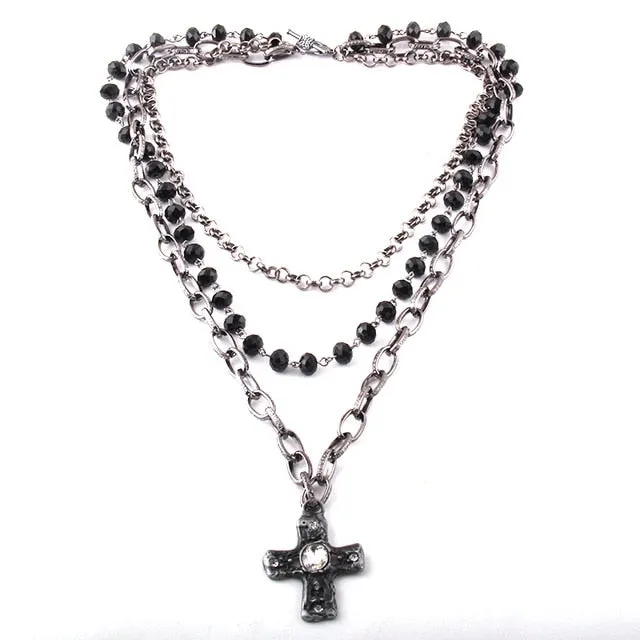 Bohemian Tribal Evil Eye & Multiple Black Glass Crystal Rosary Link & Chain Cross Pendant Necklaces