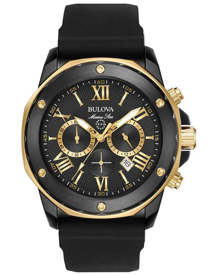 Bulova Mens Marine Star - Black IP Stainless - Gold-Tone - Black Strap - Date