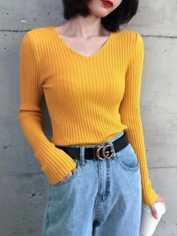 Casual Skinny Long Sleeves Solid Color V-Neck Pullovers