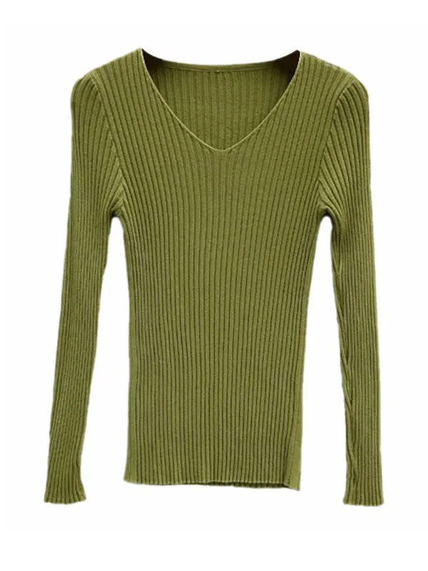 Casual Skinny Long Sleeves Solid Color V-Neck Pullovers