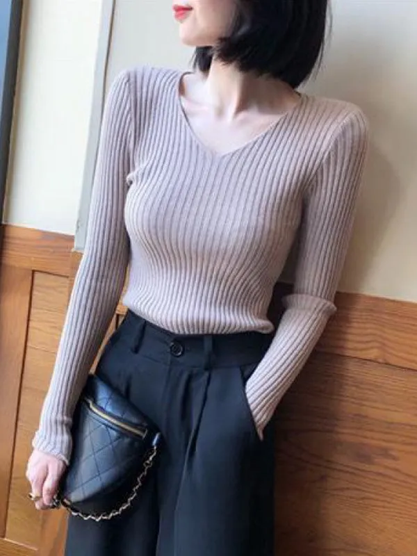 Casual Skinny Long Sleeves Solid Color V-Neck Pullovers