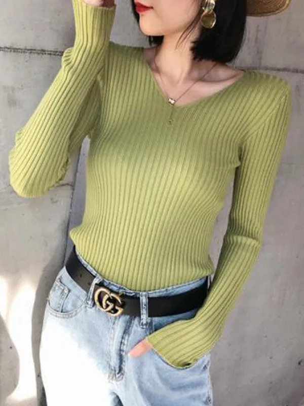 Casual Skinny Long Sleeves Solid Color V-Neck Pullovers