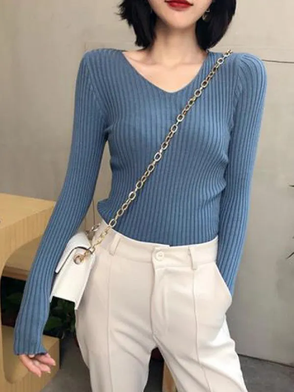 Casual Skinny Long Sleeves Solid Color V-Neck Pullovers