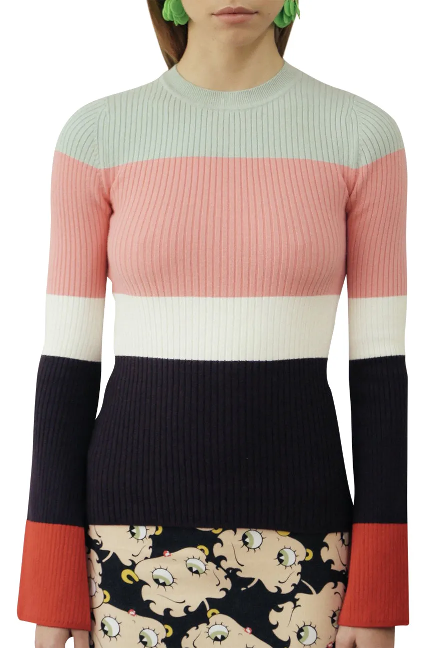 Colorblock Peachskin Long Sleeve Ribbed Crew Neck