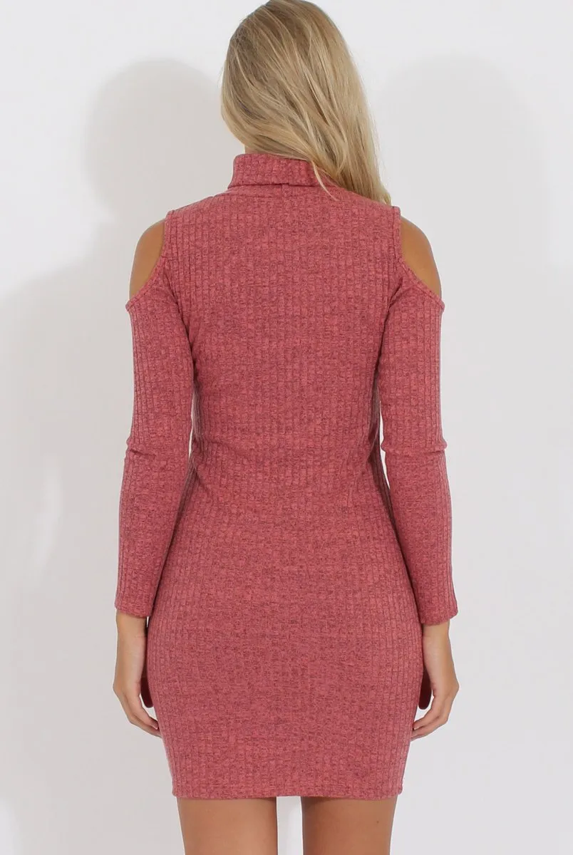 Coral Knitted Cold Shoulder Turtleneck Dress - Sherri