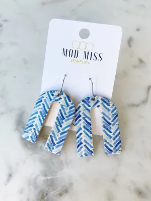 Cork Leather Arch Earring Blue Chevron