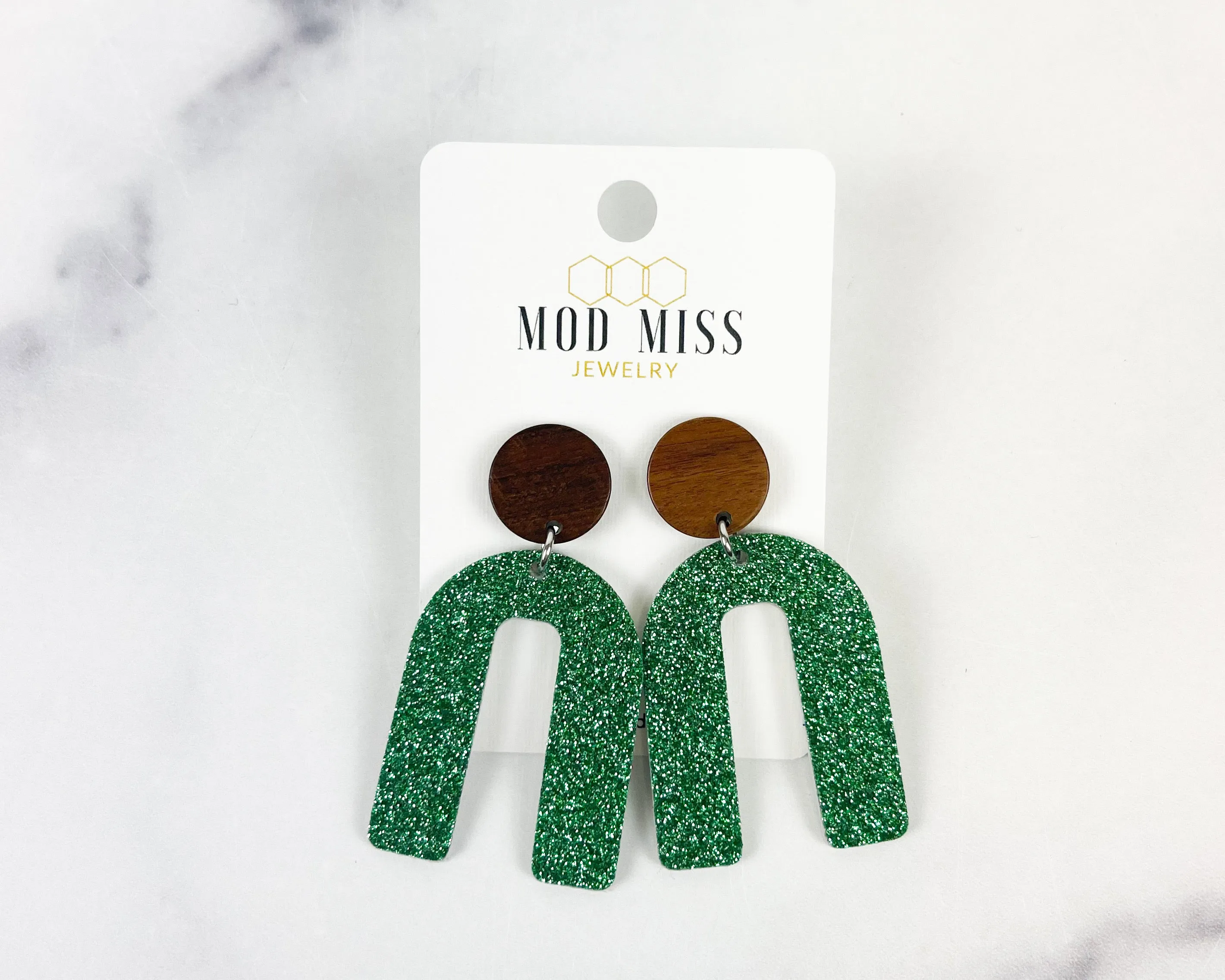 Cork Leather Arch Earring Fine Glitter Olive Green