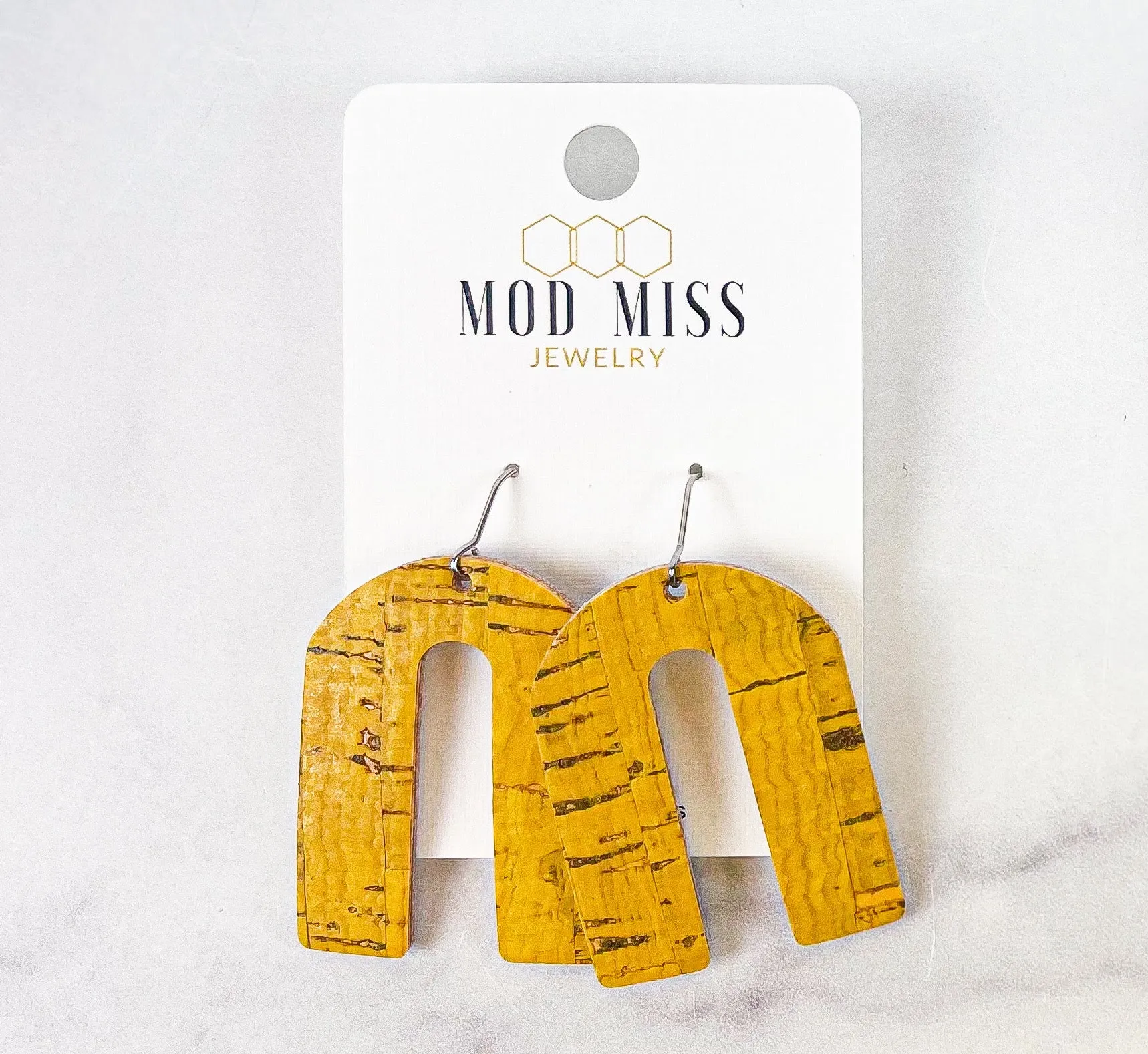 Cork Leather Arch Earring Mustard Yellow