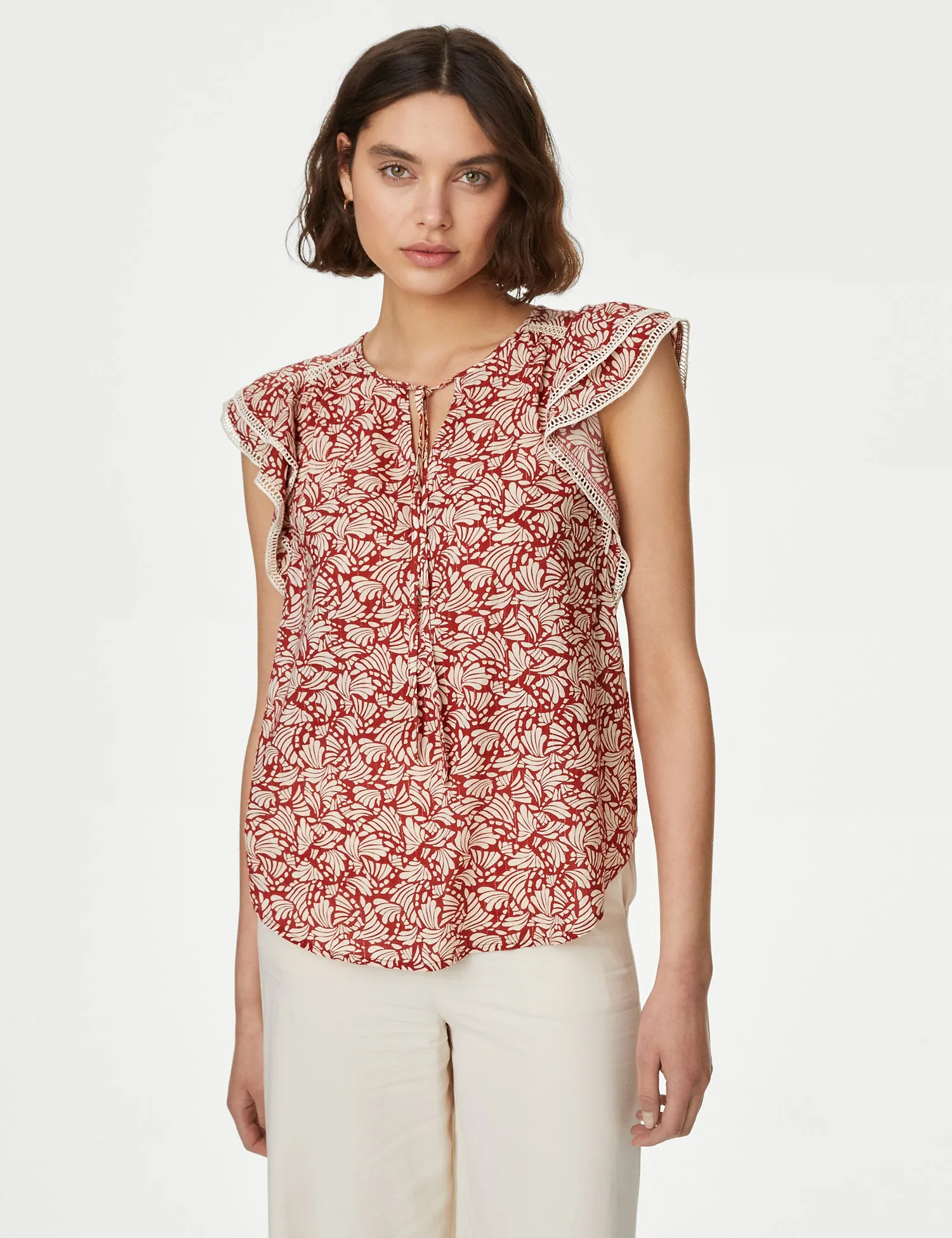 Cotton Blend Printed Tie Neck Blouse