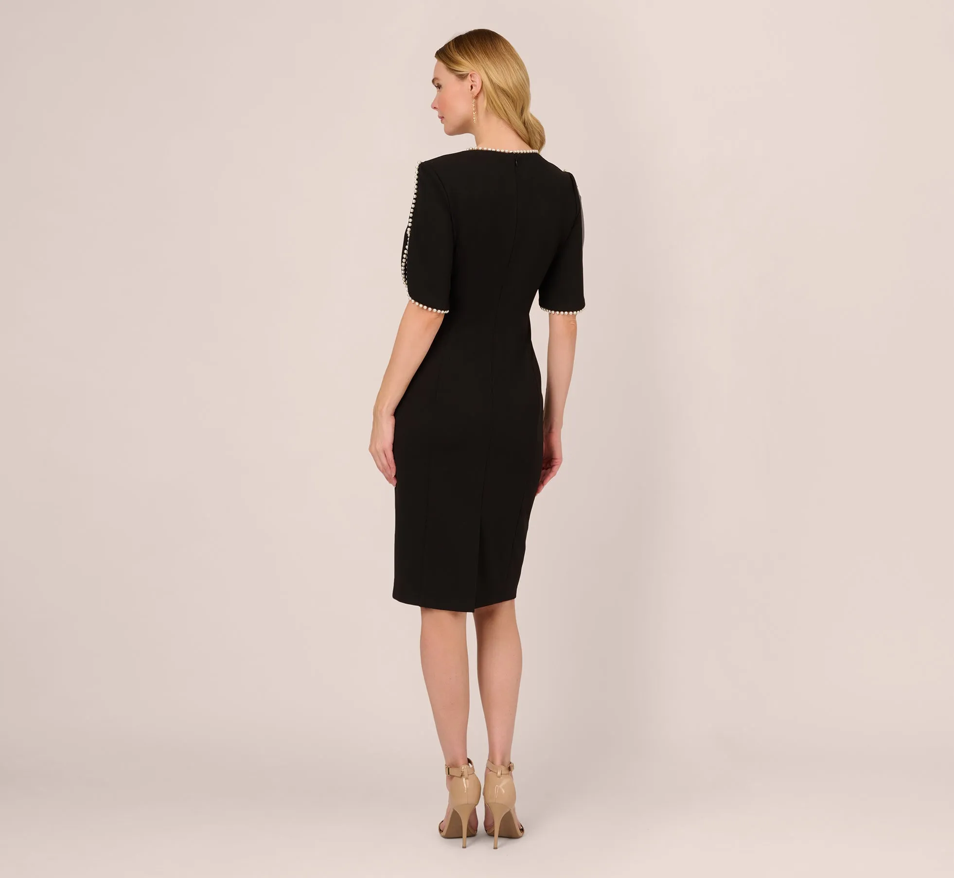 Crepe Midi Length Sheath Dress With Pearl Trimmed Sleeves In Black