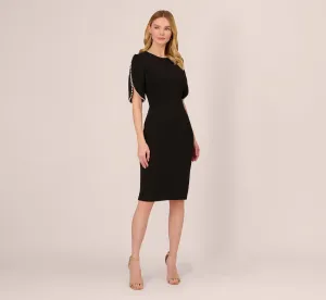 Crepe Midi Length Sheath Dress With Pearl Trimmed Sleeves In Black