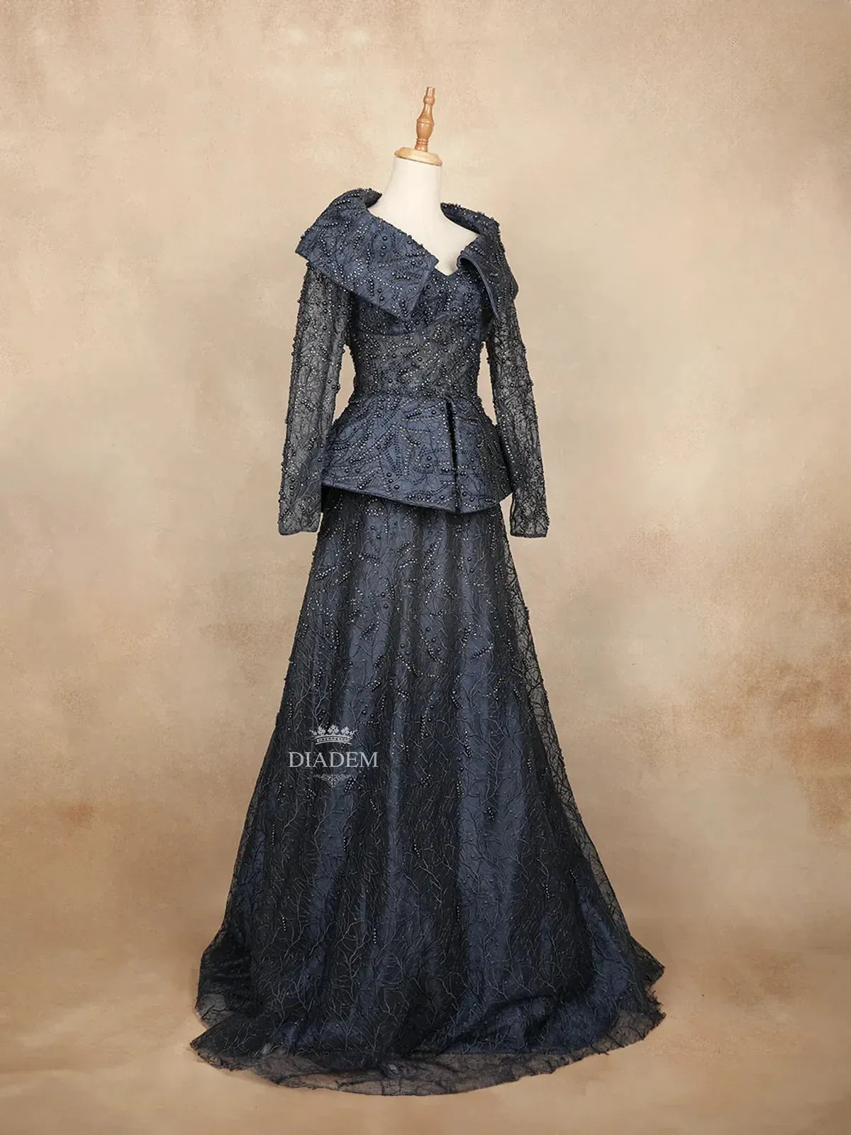 Dark Blue Net with Beads, Stones and Long Sleeves Gown