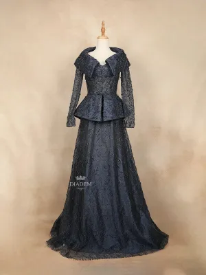 Dark Blue Net with Beads, Stones and Long Sleeves Gown