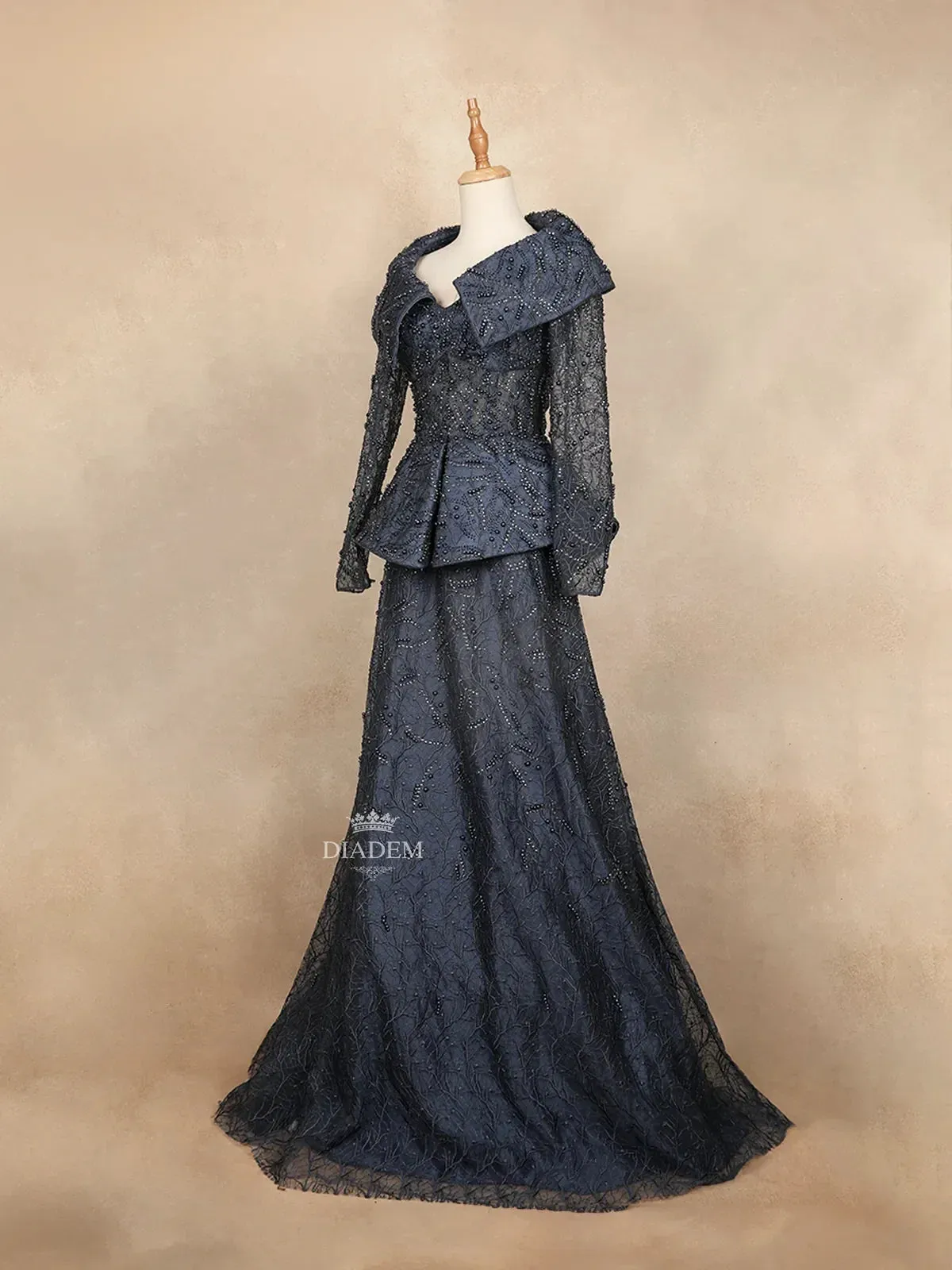 Dark Blue Net with Beads, Stones and Long Sleeves Gown