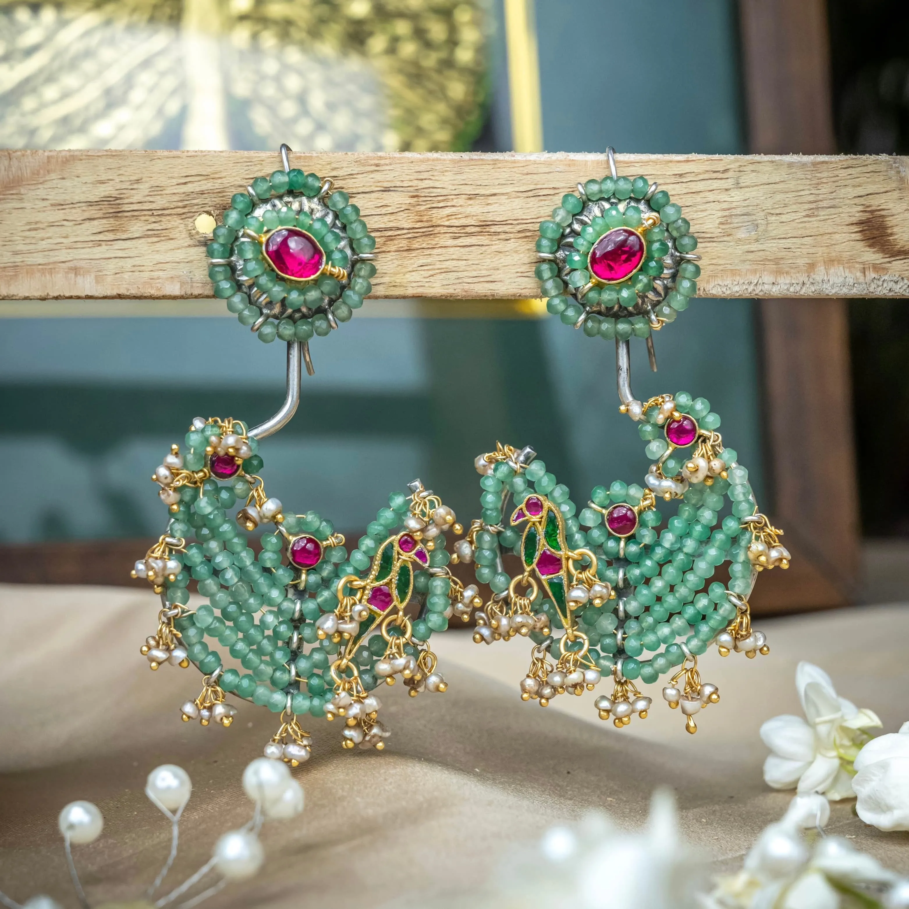 Enchanted Greens Pearl Parrot Motif Earrings