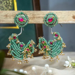 Enchanted Greens Pearl Parrot Motif Earrings