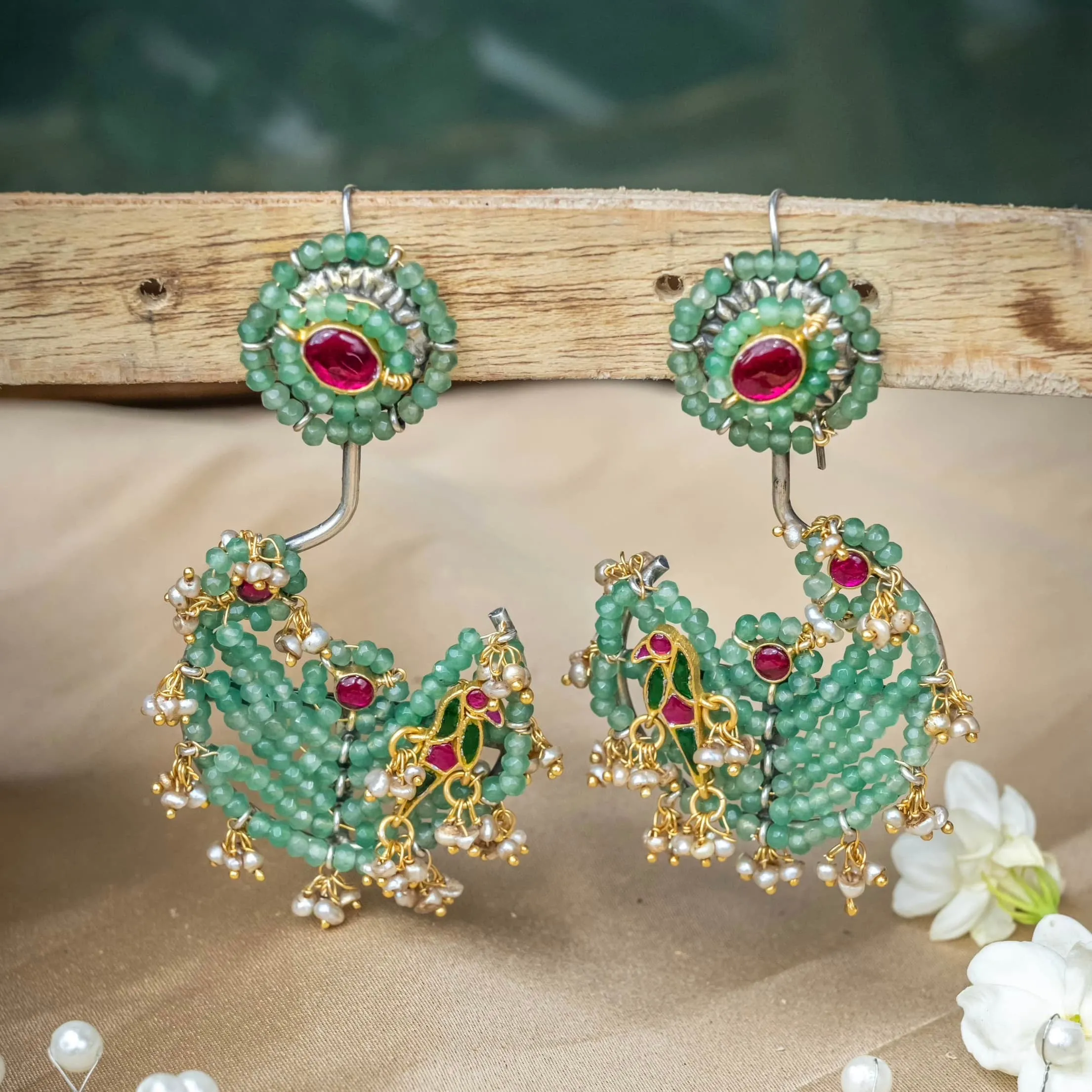 Enchanted Greens Pearl Parrot Motif Earrings