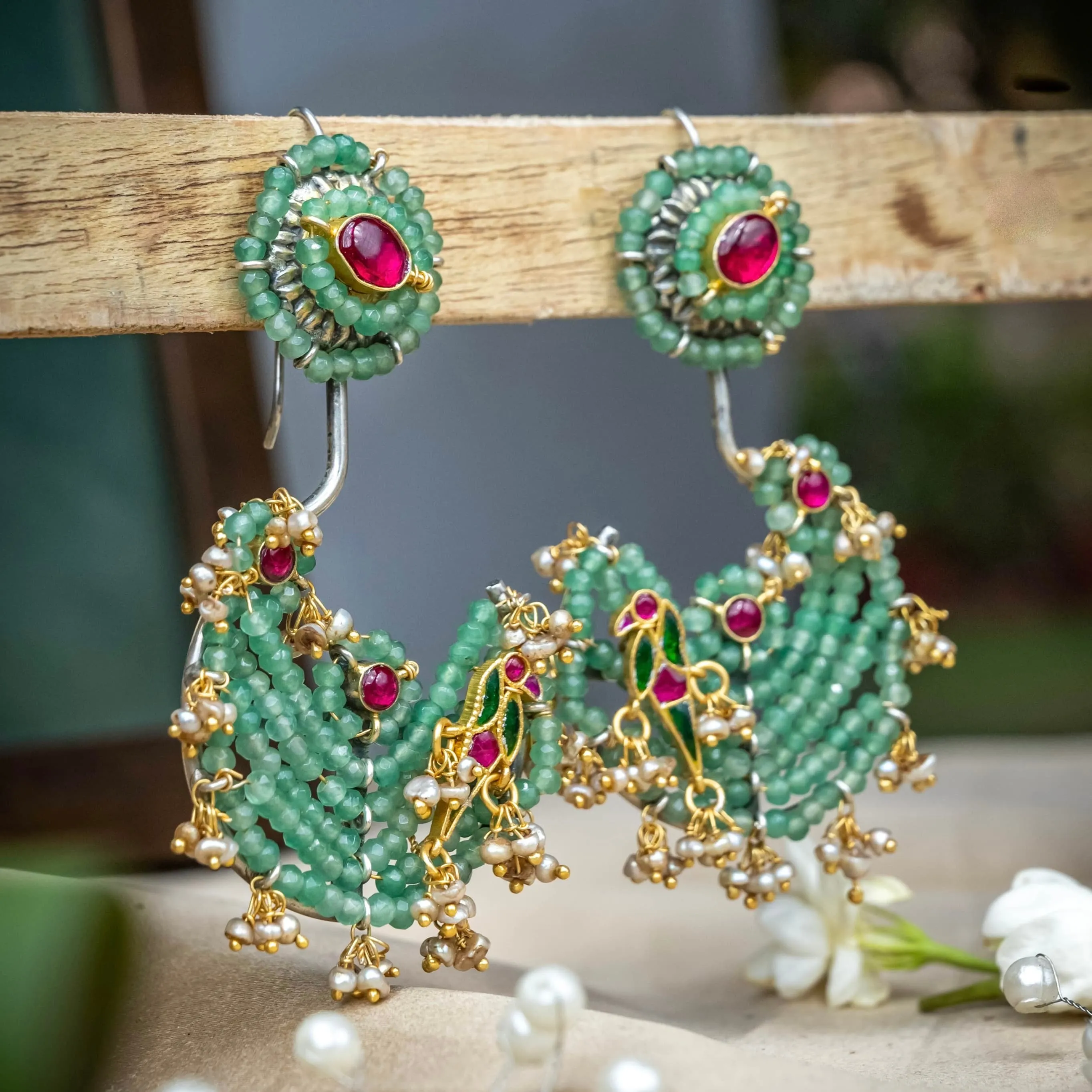 Enchanted Greens Pearl Parrot Motif Earrings