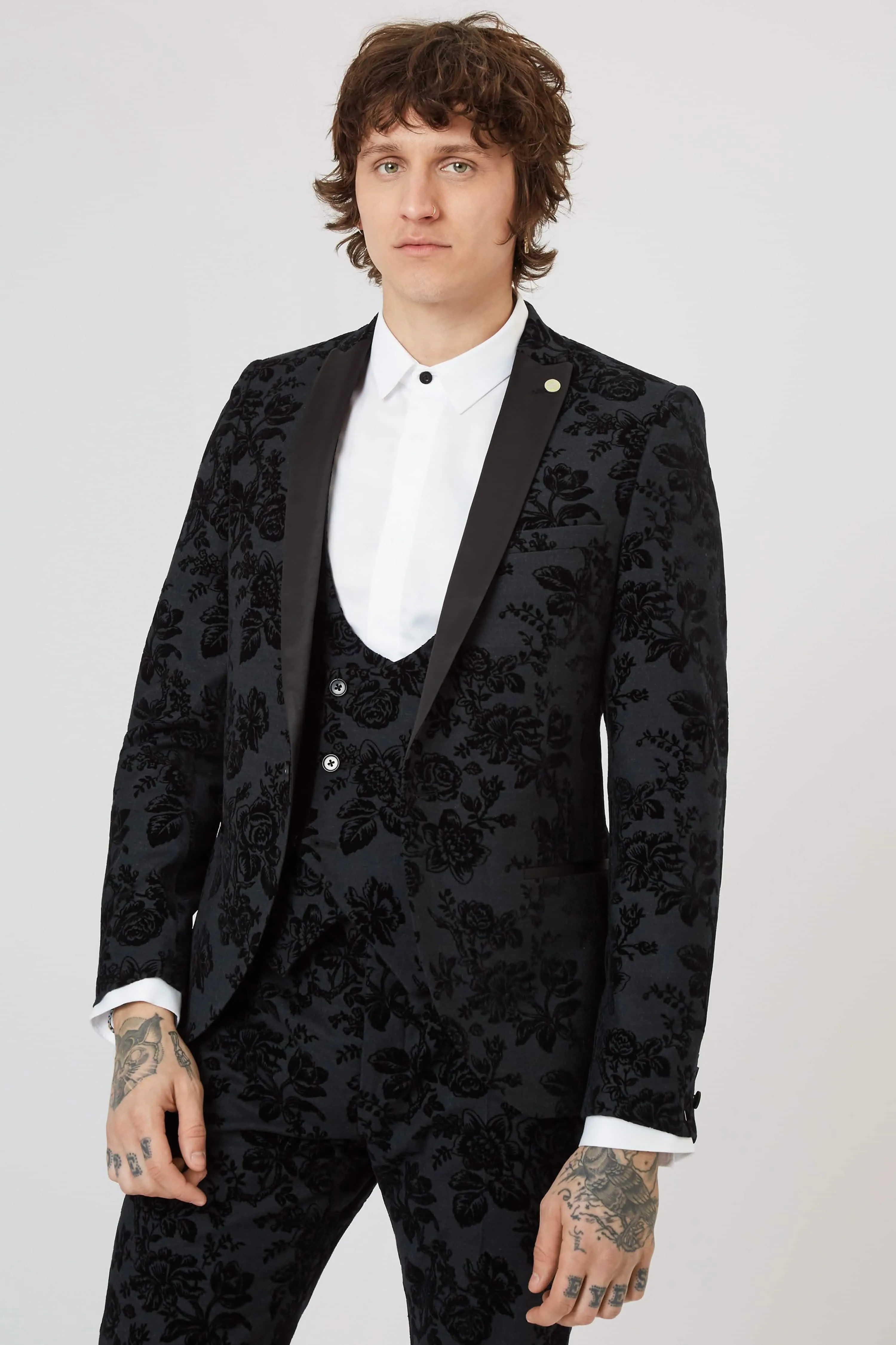 Fleet Skinny Fit Black Floral Tuxedo Jacket