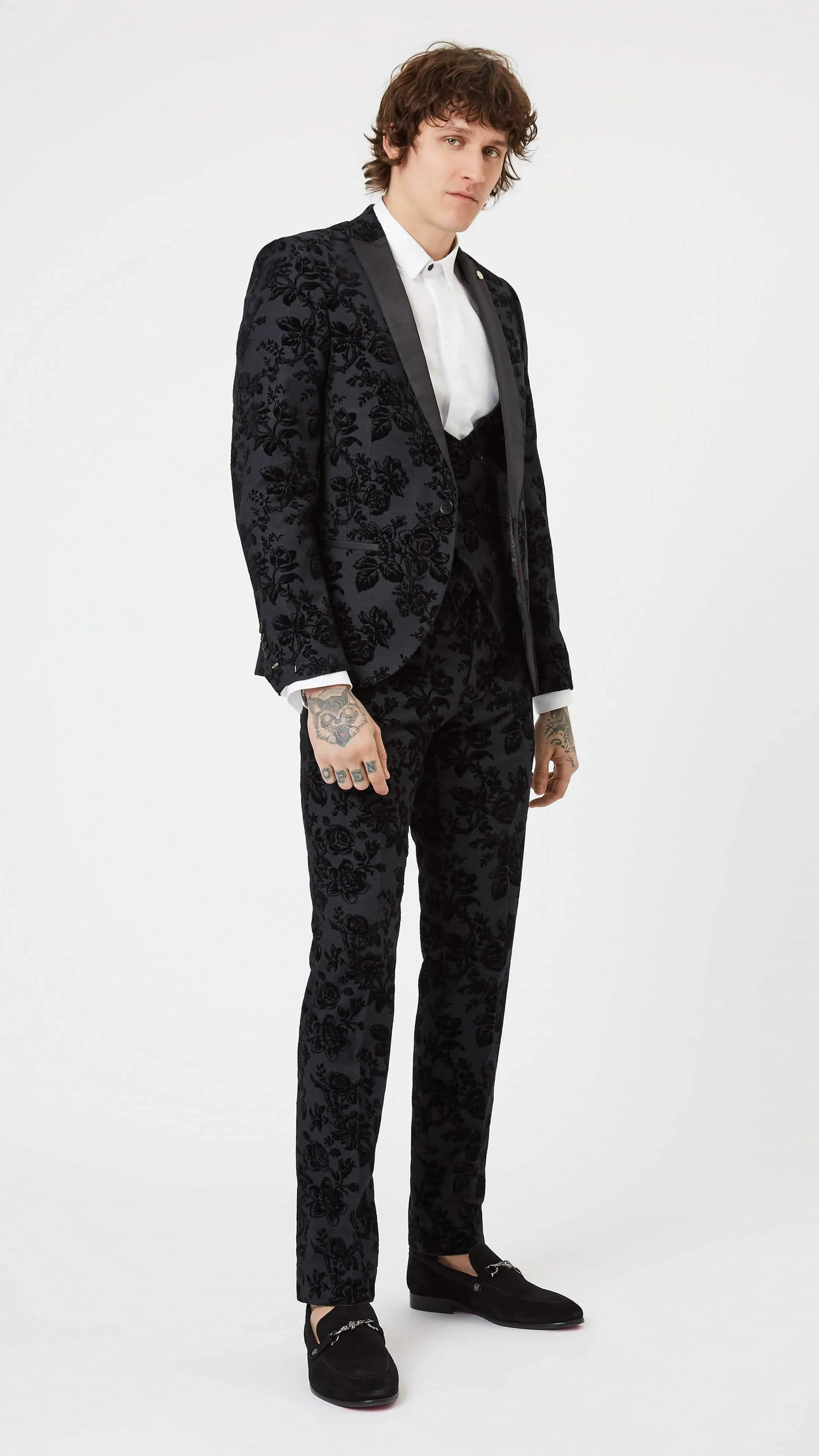 Fleet Skinny Fit Black Floral Tuxedo Jacket