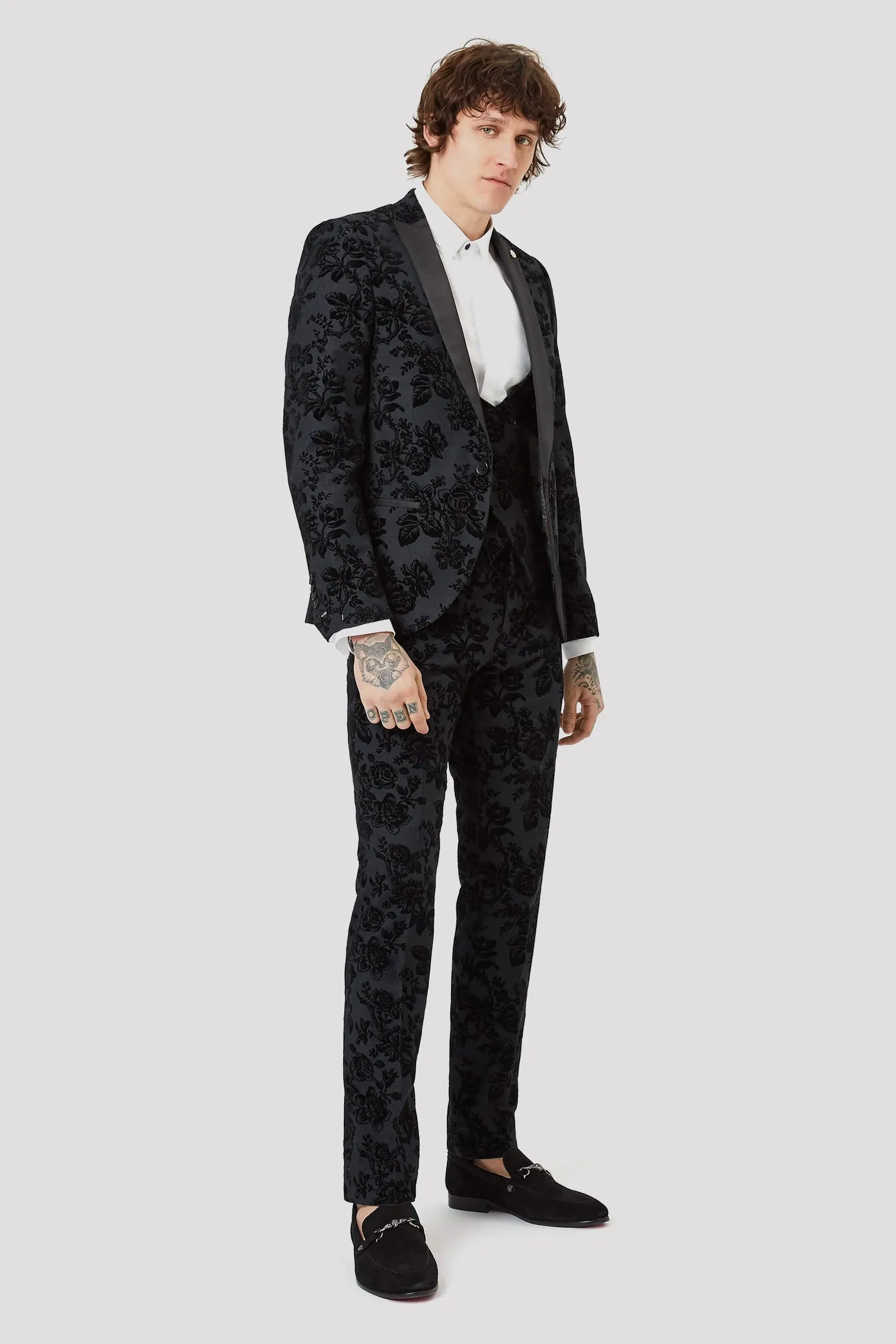 Fleet Skinny Fit Black Floral Tuxedo Suit