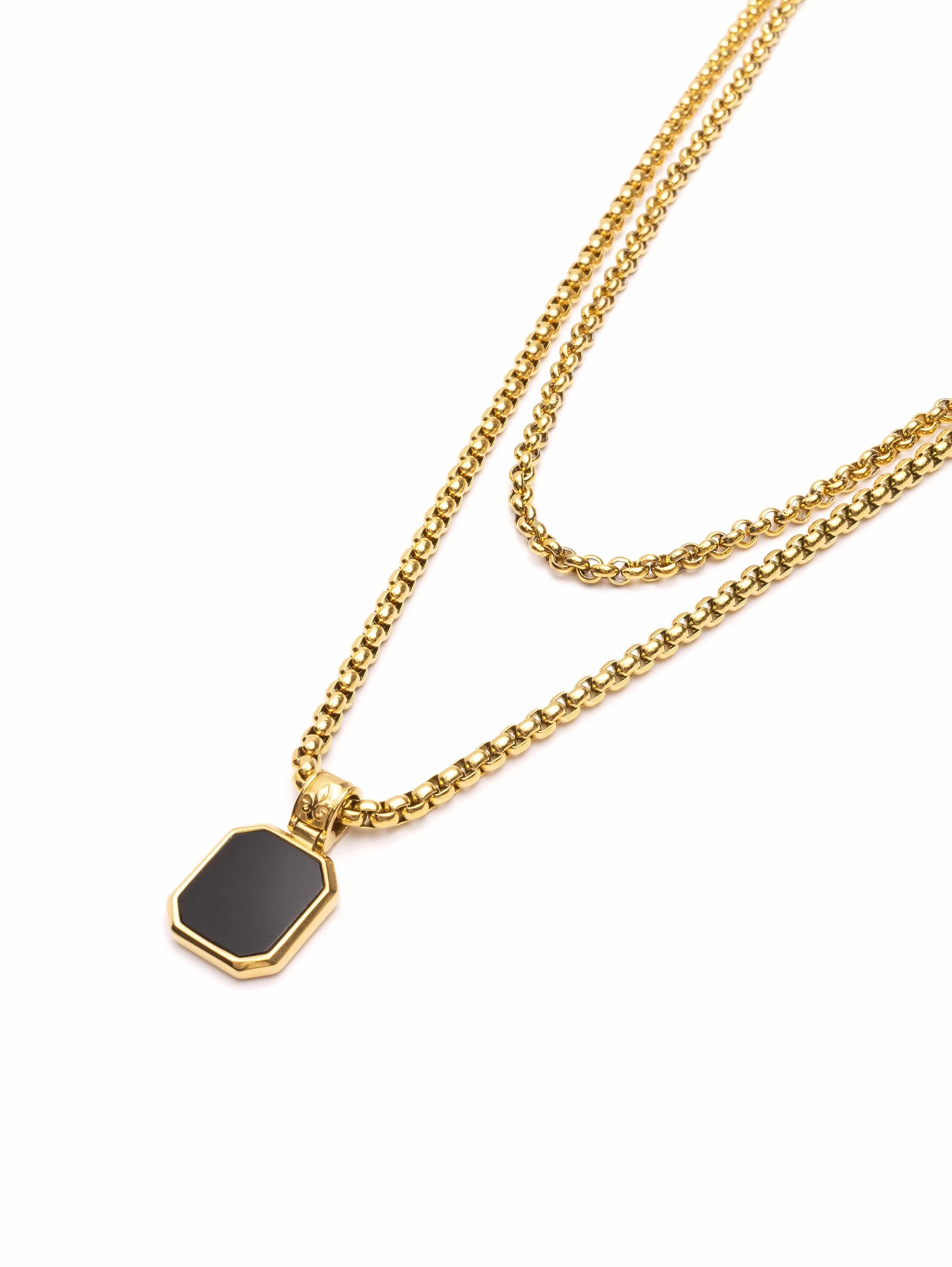 Gold Necklace Layer with 3mm Box Chain and Onyx Square Necklace