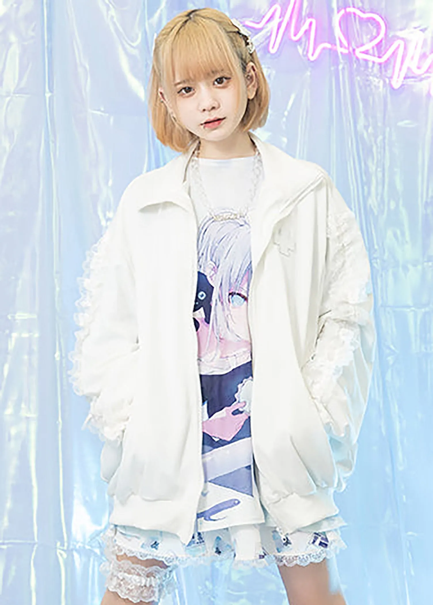 Healing Hearts Oversized Anime Zip Up Jacket in White