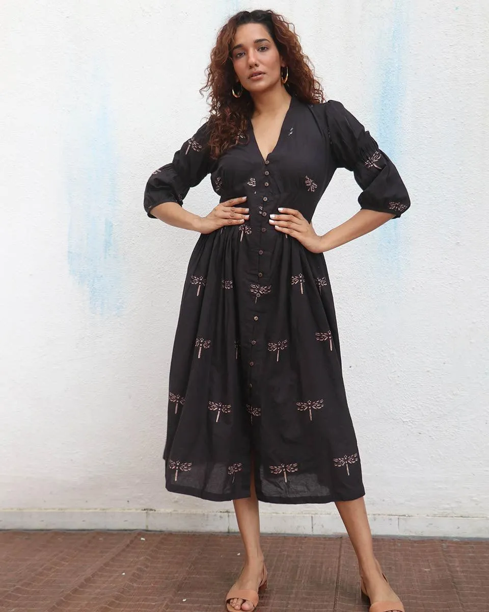 Laid Black  Handblock Printed Cotton Dress - Mono