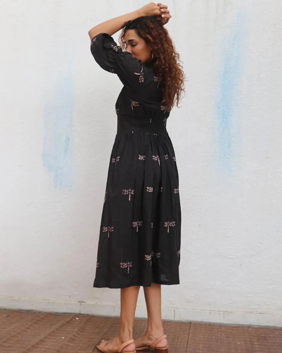 Laid Black  Handblock Printed Cotton Dress - Mono