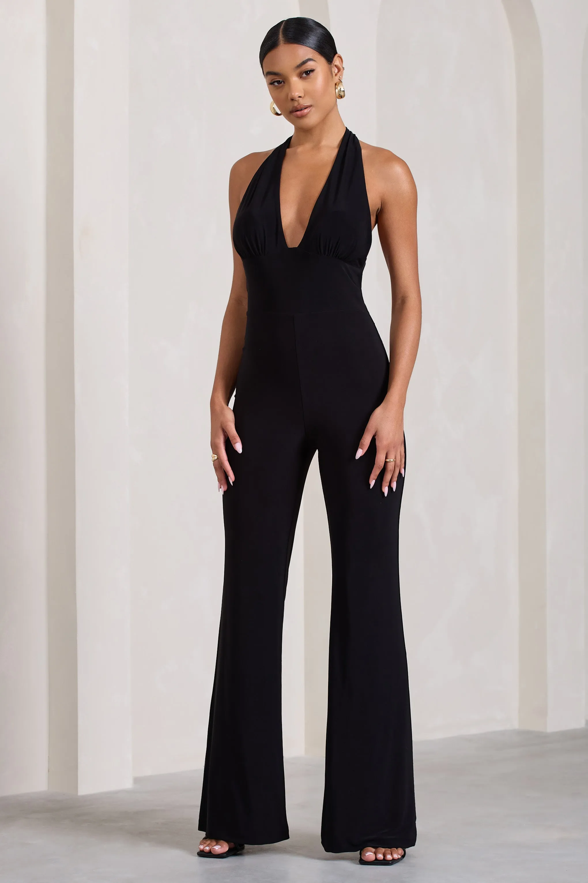 Lexie | Black Halter-Neck Sleeveless Flared-Leg Jumpsuit