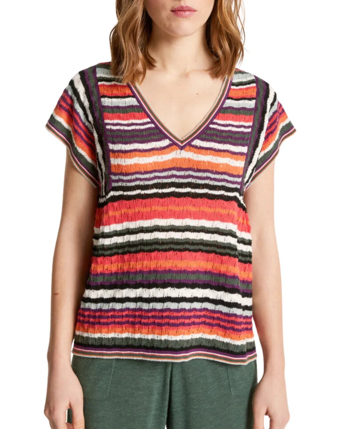 Lisa Striped Short Sleeve Knit Top (Tutti Frutti)