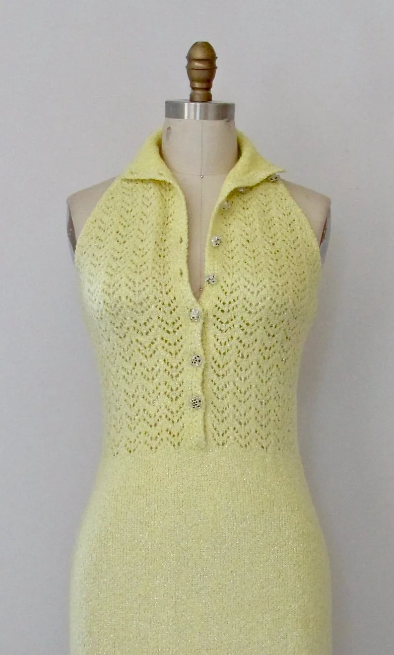 MELLOW YELLOW 1970s Open Knit Sweater Maxi Dress by St John Knits, Sz Small/Med