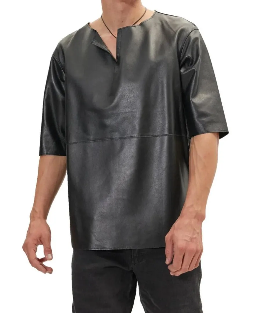 Mens Black Leather T Shirt