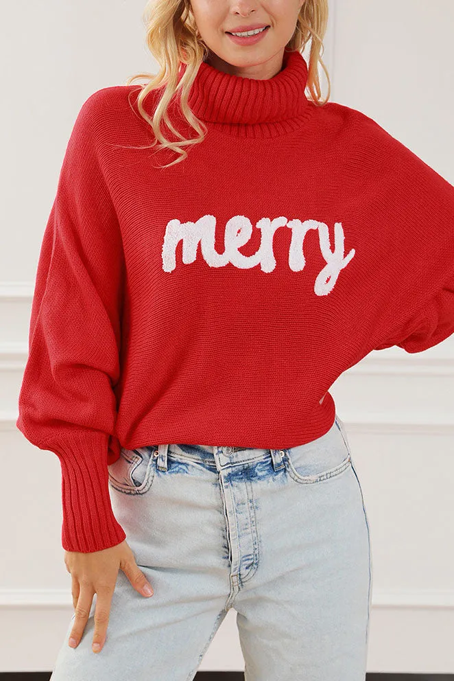 Merry Holiday turtleneck bat sleeve sweater