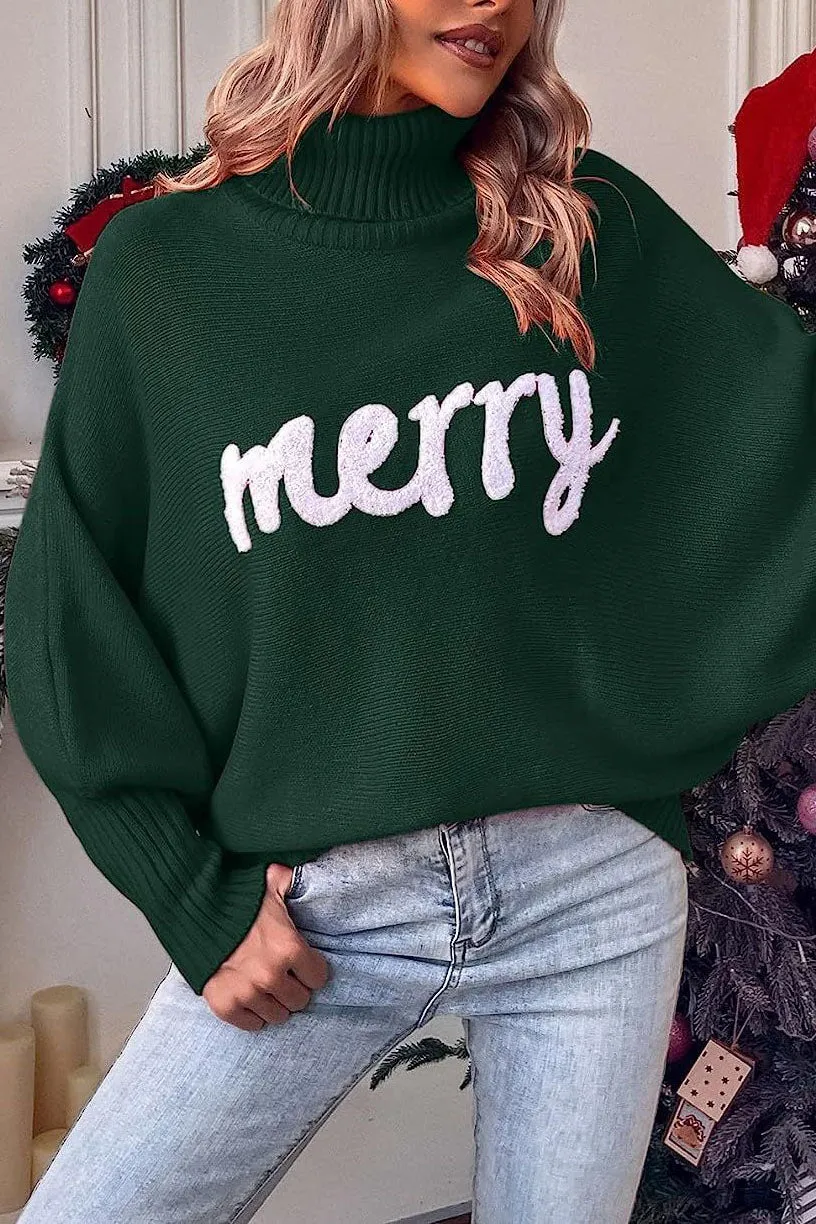 Merry Holiday turtleneck bat sleeve sweater