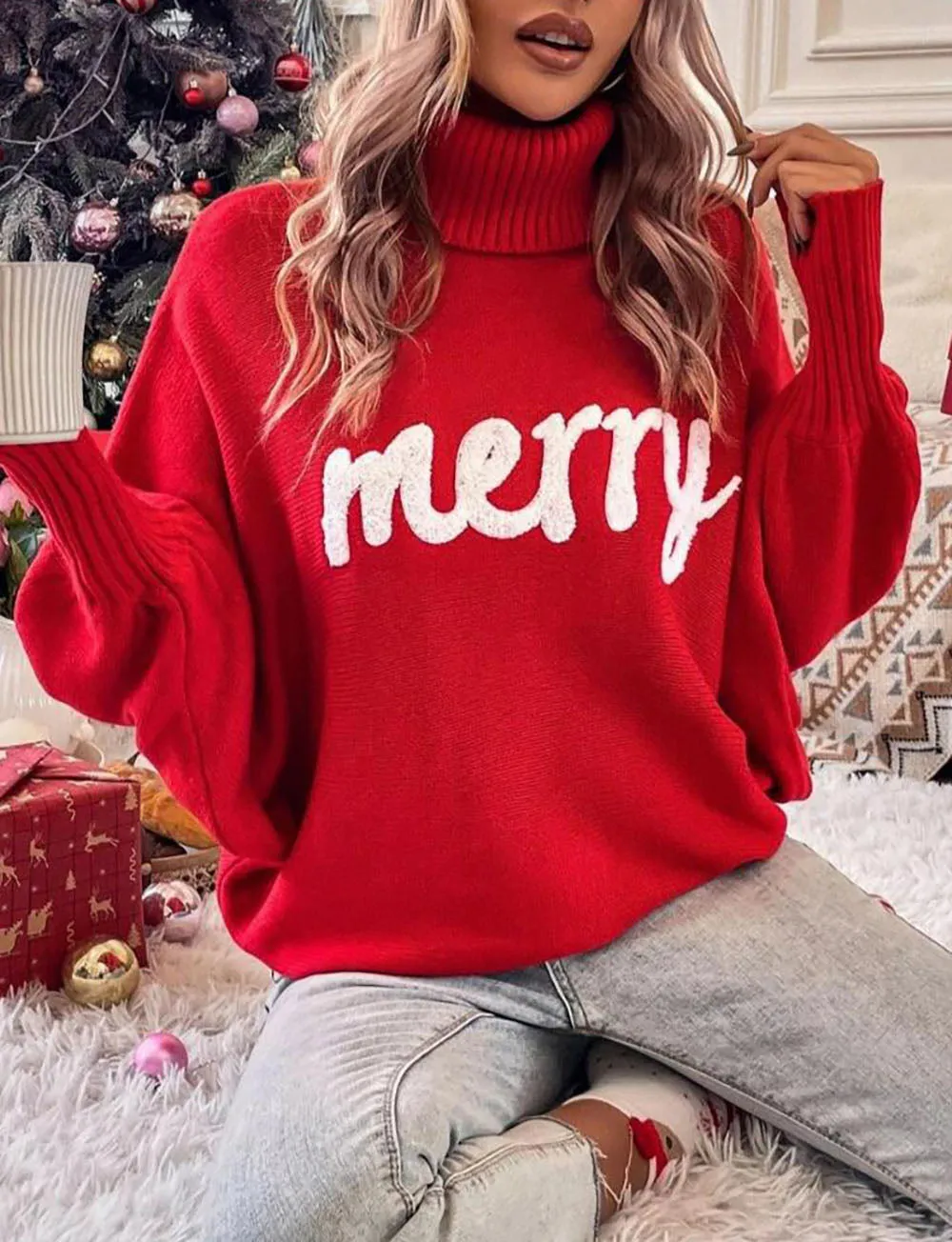 Merry Holiday turtleneck bat sleeve sweater