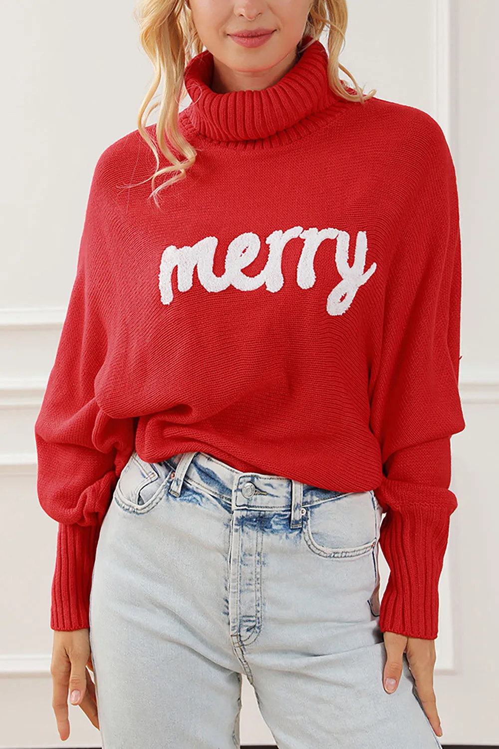 Merry Holiday turtleneck bat sleeve sweater